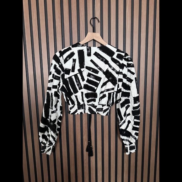 House of Harlow Top Small Womens Geometric Linen Crop Elastic Waist Long Sleeve - Picture 2 of 7